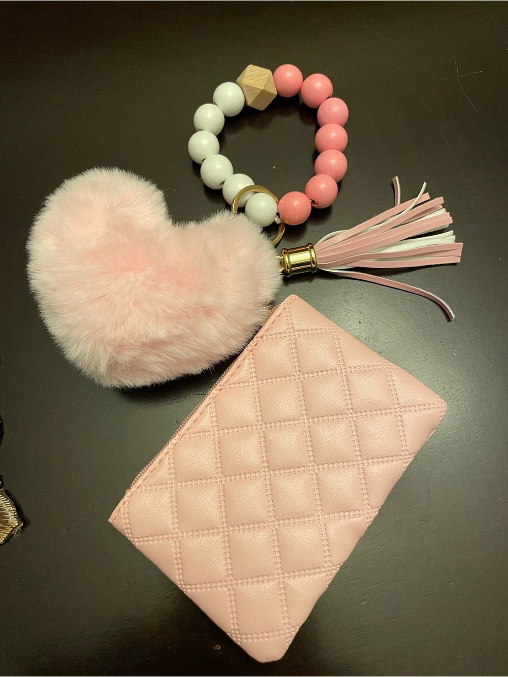 Pink Quilted Wristlet Keychain with Heart Fur Charm
